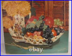 Primitive Folk Art Fruit Flowers Still Life 16x12 Oil Painting Signed Justine