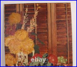 Primitive Folk Art Fruit Flowers Still Life 16x12 Oil Painting Signed Justine