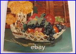 Primitive Folk Art Fruit Flowers Still Life 16x12 Oil Painting Signed Justine