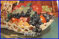 Primitive Folk Art Fruit Flowers Still Life 16x12 Oil Painting Signed Justine