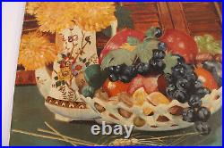 Primitive Folk Art Fruit Flowers Still Life 16x12 Oil Painting Signed Justine