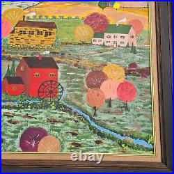 Primitive Folk Art Painting On Canvas Town Scene Colorful Fall Mill Church