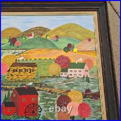 Primitive Folk Art Painting On Canvas Town Scene Colorful Fall Mill Church