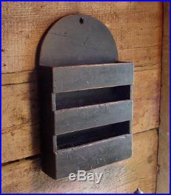 Primitive Shaker Triple Wall Box or Candle Box in Old Black Paint Folk Art