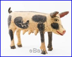 Primitive Turn of the Century Wooden Folk Art Pig Sow & 4 Piglets Painted 24 L