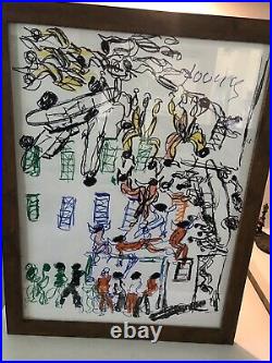 Purvis Young Outsider Signed Sketch Buildings Figures Colorful Large Folk Sign