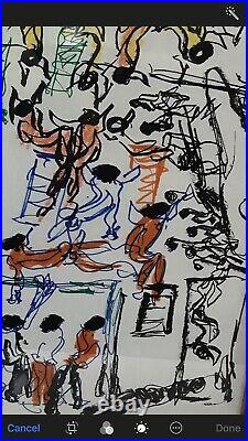Purvis Young Outsider Signed Sketch Buildings Figures Colorful Large Folk Sign