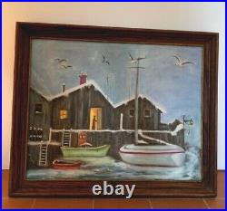 Quintessential New England Sea Harbor Folk Art On Canvas Board Signed M. Felano