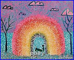 RAINBOW, MAN & NICE BIG DOG Original FOLK ART Signed OIL PAINTING