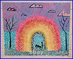 RAINBOW, MAN & NICE BIG DOG Original FOLK ART Signed OIL PAINTING