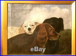 RARE 1870's FOLK ART O/C PAINTING 3 SPORTING DOGS FIELD SPANIEL LABRADOR RETREVR
