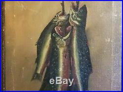 RARE 1880s O/C FOLK ART STILL LIFE PAINTING HANGIN TROUT FISH FISHING ADIRONDACK