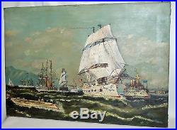 RARE 19th Century US Marine Ships at Sea Nautical Oil Painting Folk Art