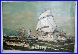 RARE 19th Century US Marine Ships at Sea Nautical Oil Painting Folk Art