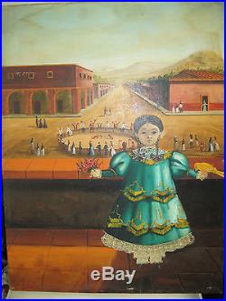 RARE Agapito Labios Folk Art Child Cock fight Portrait Oil (Mexican 1898-1996)
