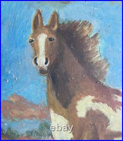 RARE Antique American Folk Art Original Oil On Tin Metal Horse Portrait Unsigned