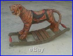 RARE Antique OLD PAINT TIGER CIRCUS CARNIVAL Folk Art Rocking horse, WOOD Carved