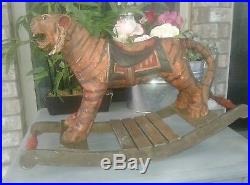 RARE Antique OLD PAINT TIGER CIRCUS CARNIVAL Folk Art Rocking horse, WOOD Carved