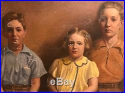 RARE Antique Portrait Oil Painting Family Boy Girl Children American Folk Art