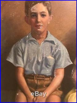 RARE Antique Portrait Oil Painting Family Boy Girl Children American Folk Art