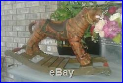 RARE Antique TIGER CIRCUS CARNIVAL Folk Art Rocking horse, WOOD Carved PAINTED