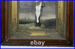RARE German folk art Religious relief crucifix oil painting framed angel