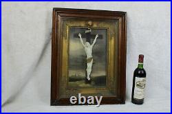 RARE German folk art Religious relief crucifix oil painting framed angel