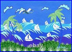 REGATTA BOATS Sailing Seagull. Sailboats Seascape SOUTHERN FOLK ART PAINTING