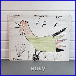 R A Miller Folk Art Signed Chicken Painting & Marker On Board Outsider Art