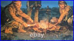 R. Grinnell Trappers Around the Campfire Cutting Up a Critter Oil Painting 1933