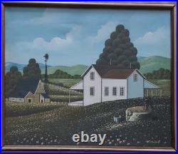 R. Iyuins Original Oil on Canvas Primitive Folk Art Farm Scene 21.5 X 25.5