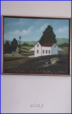 R. Iyuins Original Oil on Canvas Primitive Folk Art Farm Scene 21.5 X 25.5