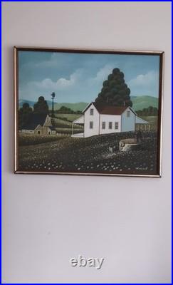 R. Iyuins Original Oil on Canvas Primitive Folk Art Farm Scene 21.5 X 25.5