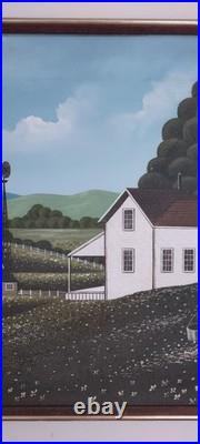 R. Iyuins Original Oil on Canvas Primitive Folk Art Farm Scene 21.5 X 25.5