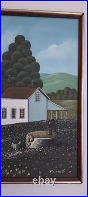 R. Iyuins Original Oil on Canvas Primitive Folk Art Farm Scene 21.5 X 25.5