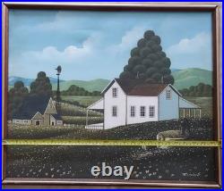 R. Iyuins Original Oil on Canvas Primitive Folk Art Farm Scene 21.5 X 25.5