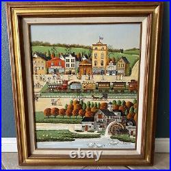 R. Smith Americana Folk Art Oil Painting Country NYC Town Living Scene Signed