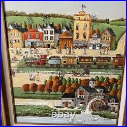R. Smith Americana Folk Art Oil Painting Country NYC Town Living Scene Signed