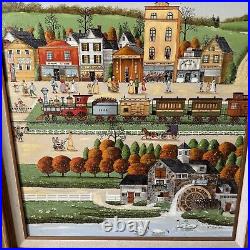 R. Smith Americana Folk Art Oil Painting Country NYC Town Living Scene Signed