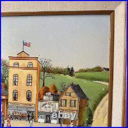 R. Smith Americana Folk Art Oil Painting Country NYC Town Living Scene Signed