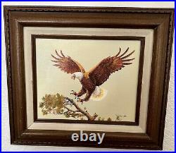 R. Smith Americana Folk Art Oil Painting Eagle Landing On Tree Branch Signed