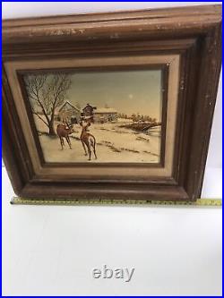 R. Smith Americana Folk Art Oil Painting Two Deer Signed