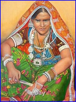 Rajasthani Village Lady Portrait Painting Enjoying Sugarcane Handmade Folk Art