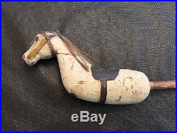 Rare 19th C Antique Folk Art Carved Horse Handheld Stick Toy Original Paint AAFA