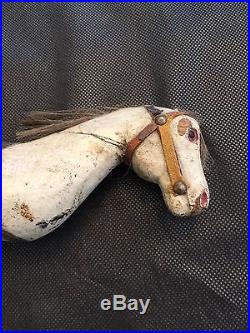 Rare 19th C Antique Folk Art Carved Horse Handheld Stick Toy Original Paint AAFA