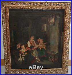 Rare Antique Oil Painting On Canvas Relined Genre Interior Folk Life W Dead Bird