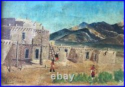 Rare Folk Art Painting Albert Lujan Taos Pueblo New Mexico Early American