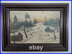 Rare Folk Art Painting'Hunting Scene' 1880s Unusual Chip-Carved Frame