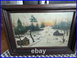 Rare Folk Art Painting'Hunting Scene' 1880s Unusual Chip-Carved Frame