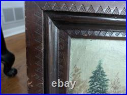 Rare Folk Art Painting'Hunting Scene' 1880s Unusual Chip-Carved Frame